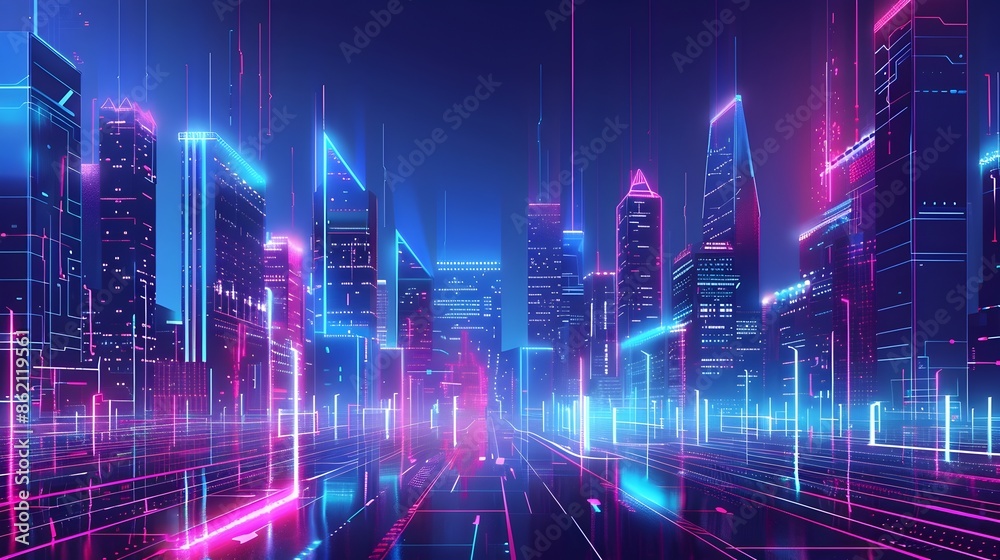 Futuristic Cityscape with Vibrant Neon Lights and Glowing Data Streams Futuristic Cityscape with Vibrant Neon Lights and Glowing Data Streams