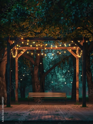 Wooden bench under canopy with string lights © Alexandr