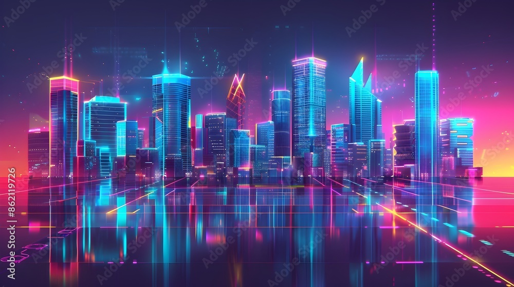 Futuristic Cityscape with Vibrant Neon Lights and Glowing Data Streams in Minimalist Stylized Aesthetic Futuristic Cityscape with Vibrant Neon Lights and Glowing Data Streams in Minimalist Stylized Aesthetic