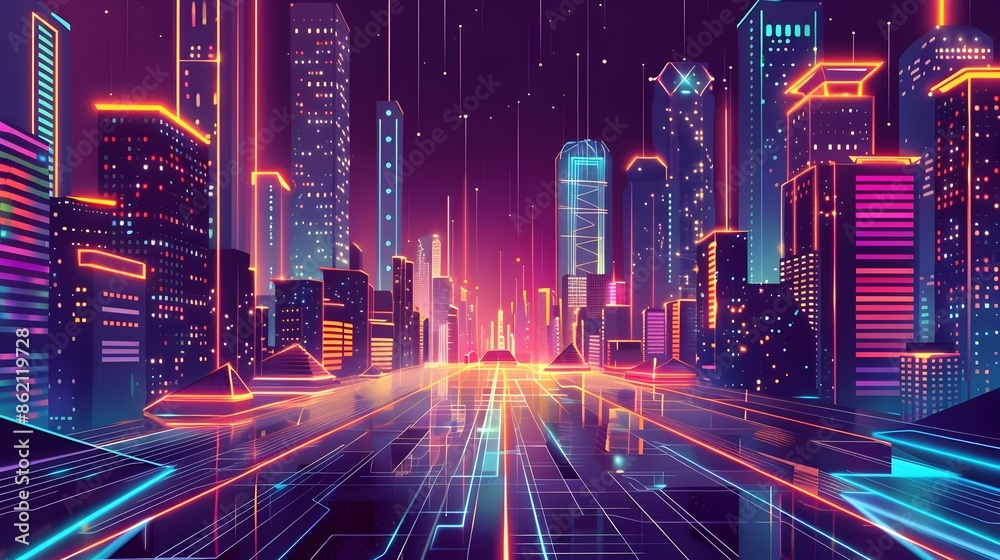Futuristic Cityscape with Glowing Neon Lights and Data Streams in Minimalist Stylized Aesthetic Futuristic Cityscape with Glowing Neon Lights and Data Streams in Minimalist Stylized Aesthetic
