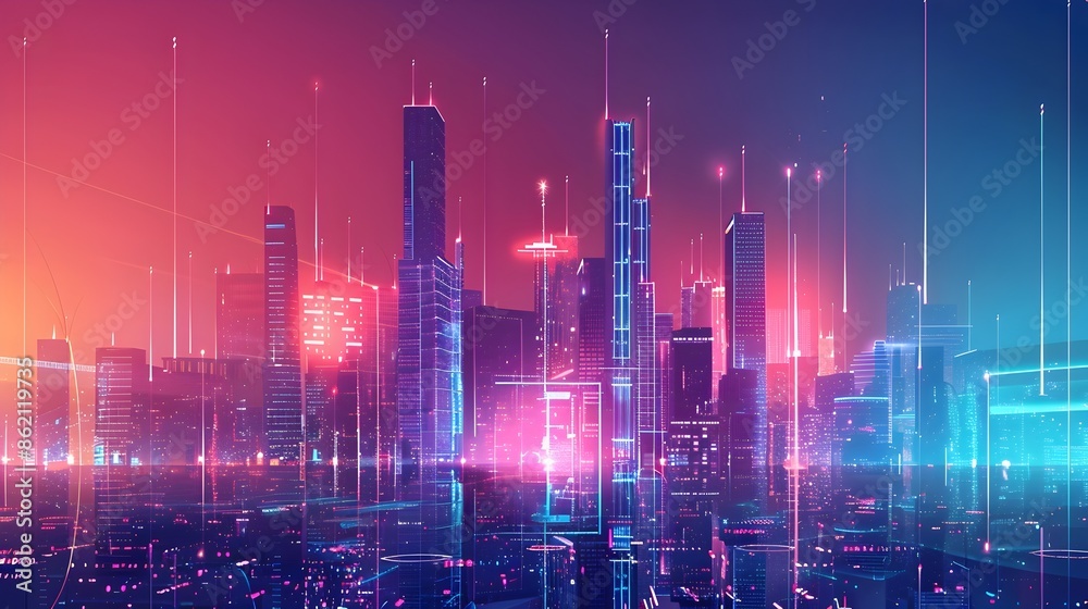 Glowing Futuristic Cityscape with Neon Lights and Digital Data Streams Glowing Futuristic Cityscape with Neon Lights and Digital Data Streams