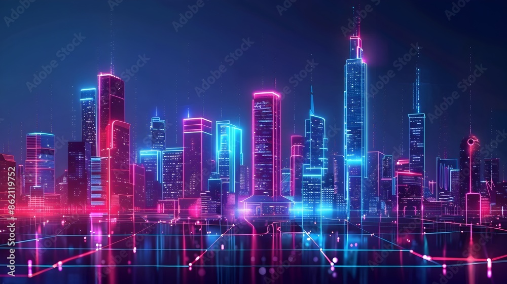 Futuristic Cityscape with Glowing Neon Lights and Data Streams in Minimalist Futuristic Cityscape with Glowing Neon Lights and Data Streams in Minimalist