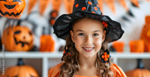 A young girl wearing a black witch hat