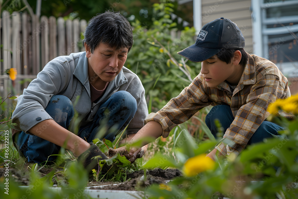 Teen boy helping his father with yard work Teen boy helping his father with yard work