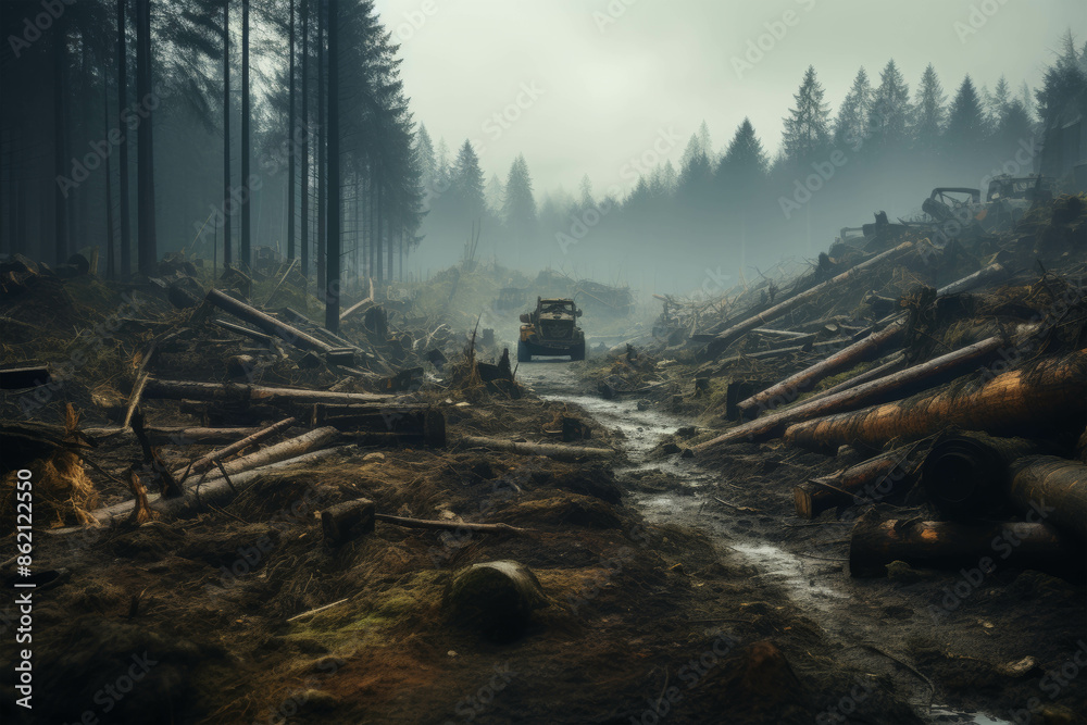 Devastated Forest with Burned and Fallen Trees Amidst a Foggy and Gloomy Atmosphere Devastated Forest with Burned and Fallen Trees Amidst a Foggy and Gloomy Atmosphere