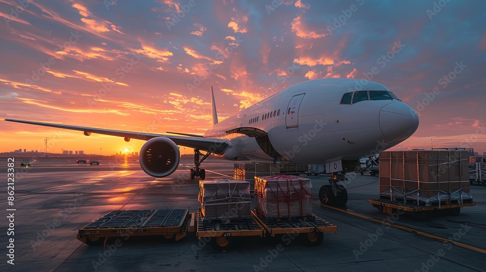 White airplane with cargo on the tarmac, loading or unloading boxes of goods onto two pallets at an airport during sunset. White airplane with cargo on the tarmac, loading or unloading boxes of goods onto two pallets at an airport during sunset.