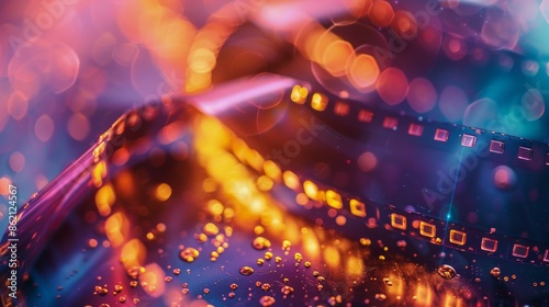 Close Up Of Film Strip With Colorful Bokeh Lights