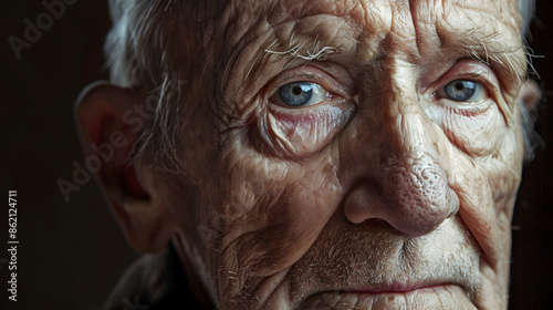 The Weathered and Lined Face of a Contemplative Elderly Man Gazing with a Lifetime of Experience and Wisdom Etched upon His Features © Intrpohn