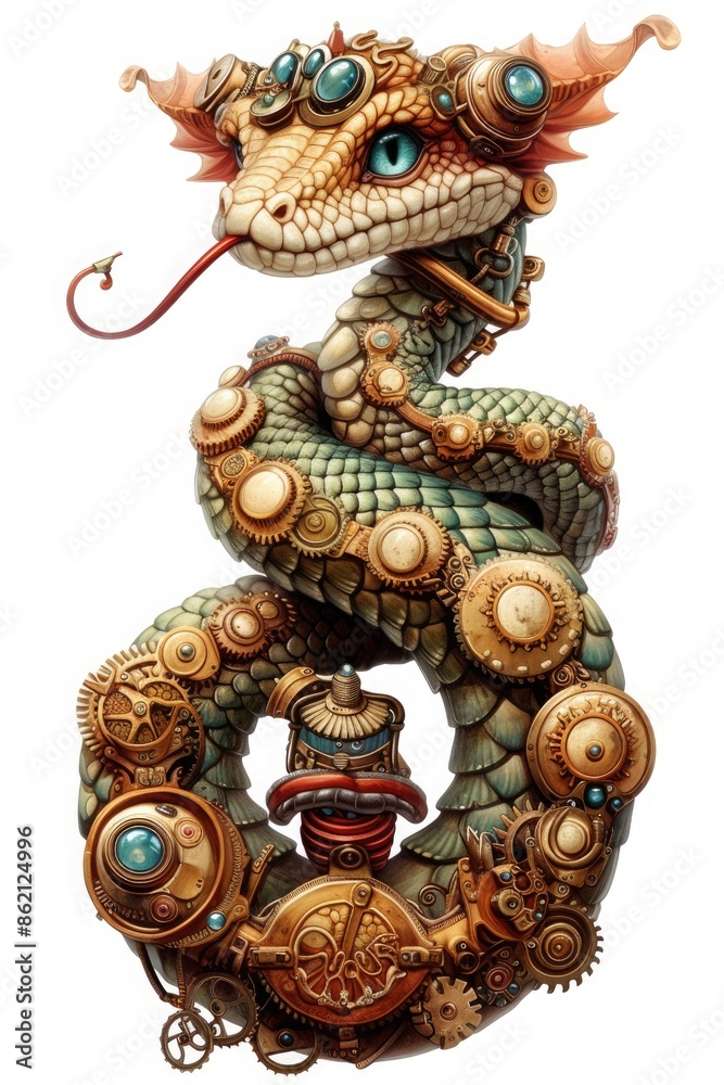 Fototapeta premium The Clockwork Chameleon: A masterwork of biomechanical fantasy, this intricate reptile blends nature's camouflage with Victorian-era clockwork. 