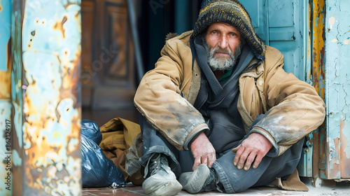 Weathered and Weary Homeless Man Huddled in the Cold Seeking Shelter and Relief in a Dilapidated and Neglected Urban Environment Symbolizing the Harsh Realities of Poverty and Homelessness