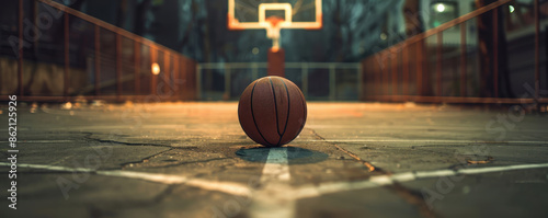 Closeup of a basketball and hoop on an outdoor court