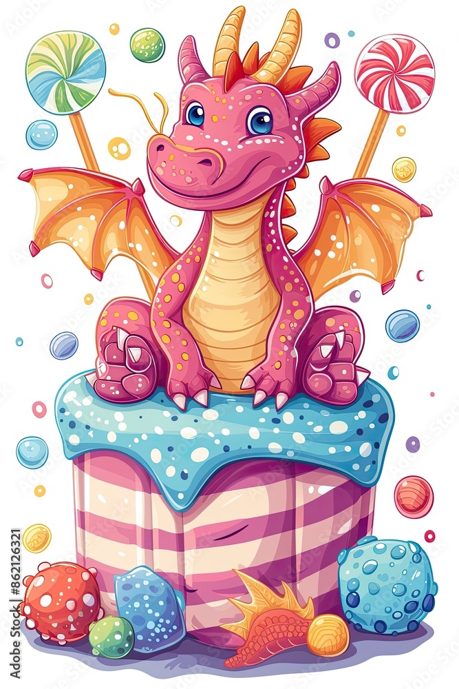 Naklejka premium A funny cartoon illustration of two happy dragons playing together, one with a gift and the other with a ball