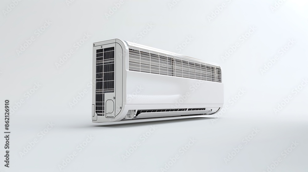 AC unit captured from a side angle on a white background, depicted in ...