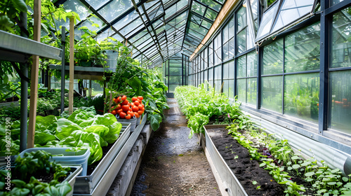 Lush and verdant indoor greenhouse filled with thriving plants vegetables and herbs   a testament to sustainable urban farming practices and eco conscious living