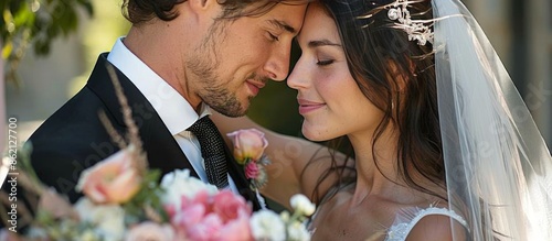 Bride and Groom Embrace During Romantic Outdoor Wedding Ceremony