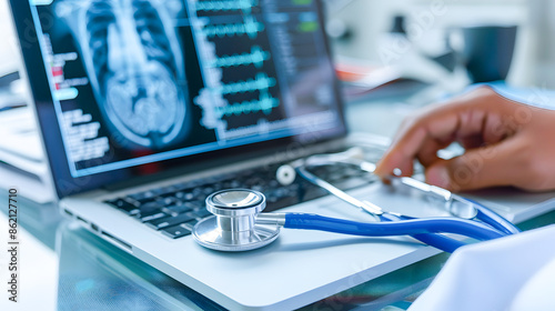 Medical professional using laptop computer and digital technology for remote healthcare consultation diagnosis