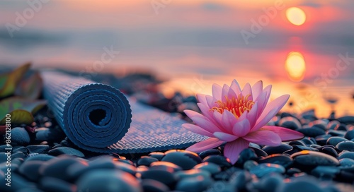 Yoga Mat And Pink Water Lily On Pebbles At Sunset