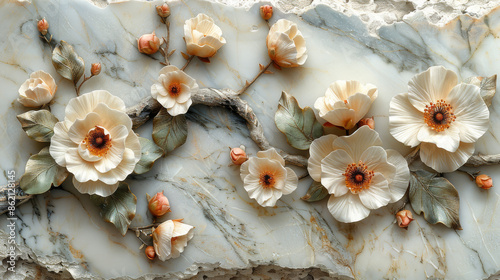 panel wall art, wall decoration, marble background with flowers designs © VertigoAI