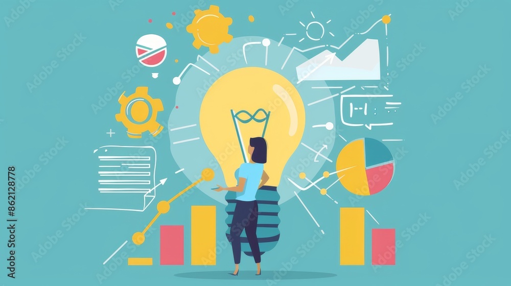 Woman With Lightbulb Idea in Business Illustration Woman With Lightbulb Idea in Business Illustration