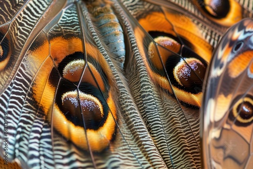 Macro photograph of a butterfly's wings showing detailed eye-like patterns and vibrant colors, highlighting the intricate and mesmerizing beauty of nature's designs. photo