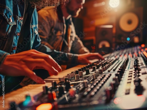 Two technicians at work on a soundboard