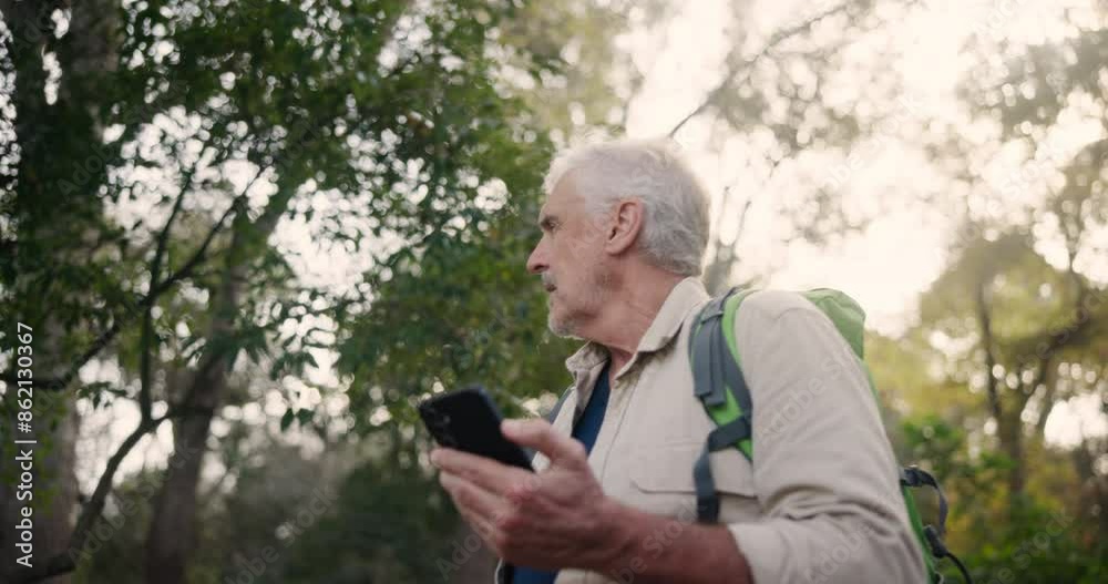 Hiking, man and phone with lost signal outdoor for connection, trekking and backpack in forest with reception error. Confused, mature and travel for poor location tracking, adventure or survivor Hiking, man and phone with lost signal outdoor for connection, trekking and backpack in forest with reception error. Confused, mature and travel for poor location tracking, adventure or survivor