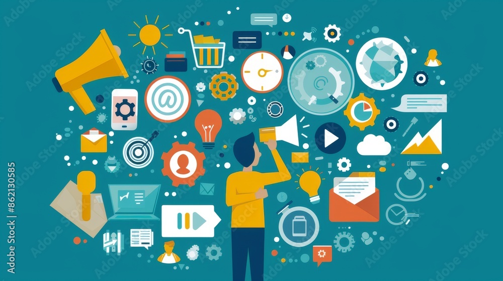 Man Surrounded by Marketing and Business Icons Man Surrounded by Marketing and Business Icons