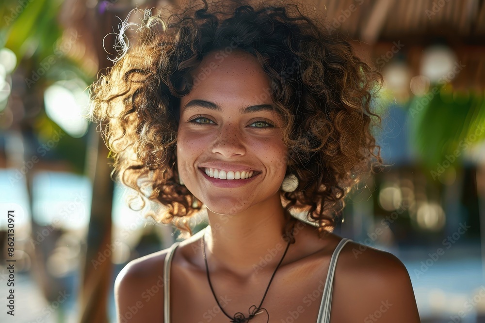 A woman with curly hair smiles joyfully in a beach setting, reflecting happiness, serenity, and natural beauty in a tropical environment under bright sunlight. A woman with curly hair smiles joyfully in a beach setting, reflecting happiness, serenity, and natural beauty in a tropical environment under bright sunlight.