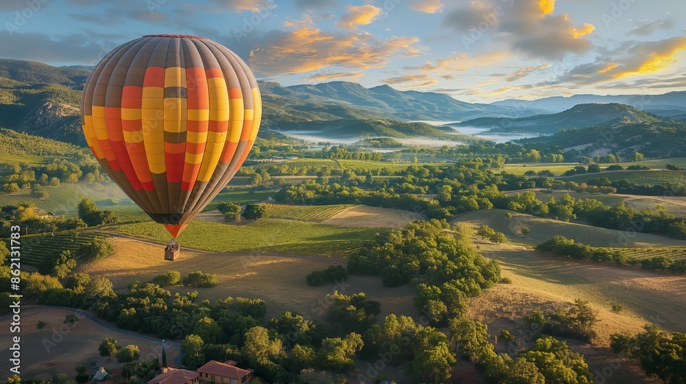Fototapeta premium Hot air balloon hovering over valley with green trees and hills.