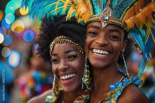 Two women dressed in vibrant and intricate carnival outfits, smiling joyfully and enjoying the festive atmosphere, representing happiness, culture, and celebration. © LifeMedia