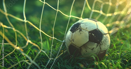 A soccer ball rests on the lush green field of a stadium, poised for action in the midfield, creating the perfect backdrop for football match design and decoration.