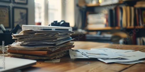 Pile of papers on desk in front of open bookshelf in office setting for business and work environment concept © SHOTPRIME STUDIO