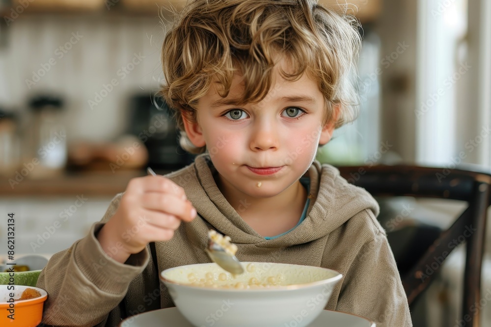 Young boy with curly hair enjoys a bowl of cereal sitting at a breakfast table. The scene captures a morning routine with focus on the child’s expression and cereal bowl. Young boy with curly hair enjoys a bowl of cereal sitting at a breakfast table. The scene captures a morning routine with focus on the child’s expression and cereal bowl.