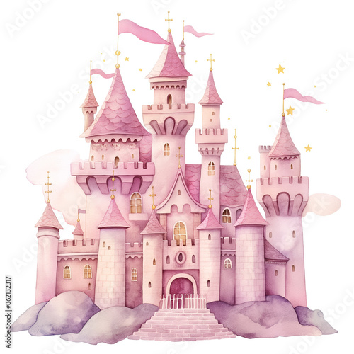 Whimsical Pink Fairy Tale Castle with Towers and Flags in Dreamy Watercolor Style