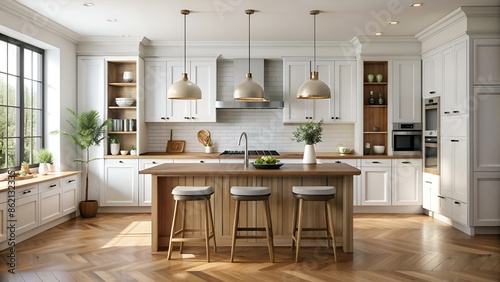Timeless minimalist kitchen design with a wooden island and white cabinetry, generative ai © Matan