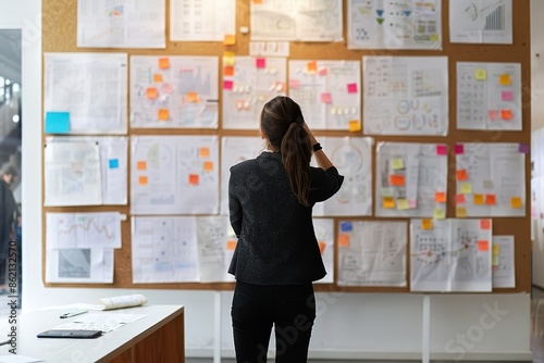 A focused businesswoman stands in front of a large corkboard filled with charts, sticky notes, and documents, analyzing and strategizing for an upcoming project or presentation. photo