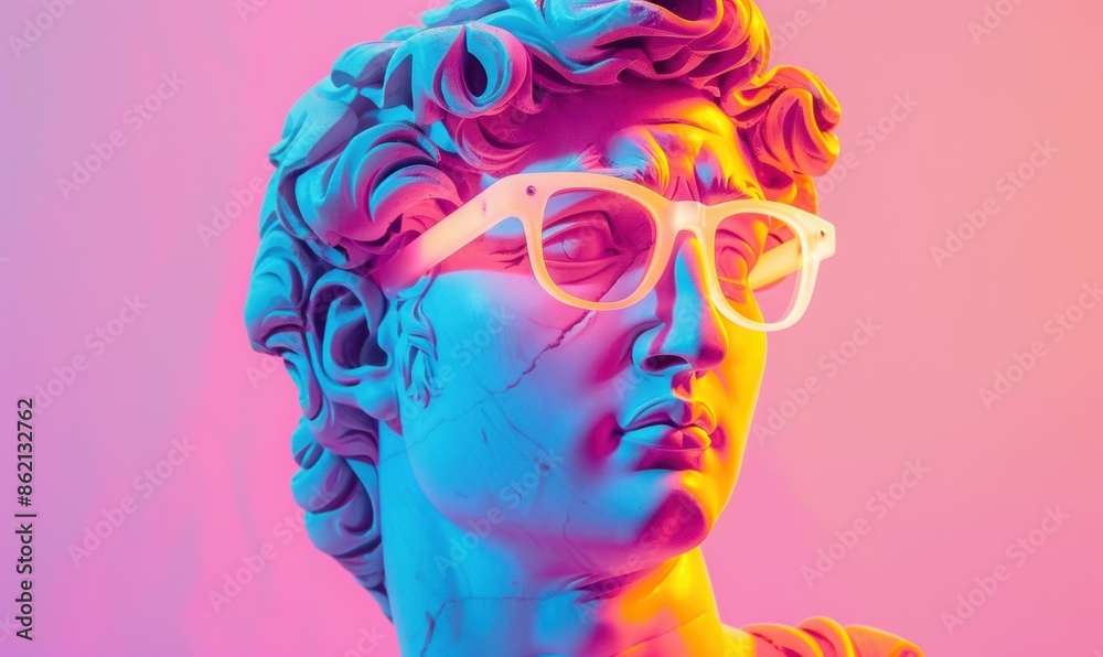 Statue of a Bespectacled Man Against Vibrant Pink, Blue, and Purple Background A Stylish Artistic Creation Statue of a Bespectacled Man Against Vibrant Pink, Blue, and Purple Background A Stylish Artistic Creation