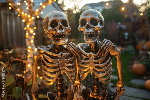 Two skeletons standing in a beautifully illuminated garden at twilight, surrounded by twinkling fairy lights and festive autumn decorations, creating a warm and inviting atmosphere. photo