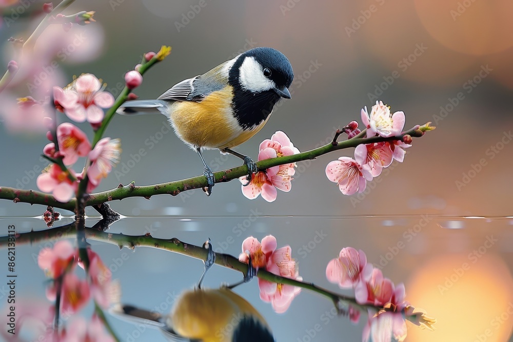 Obraz premium A small bird perches on a blooming twig, with the entire scene reflected on the water surface below, capturing the delicate beauty and serenity of nature in soft focus.