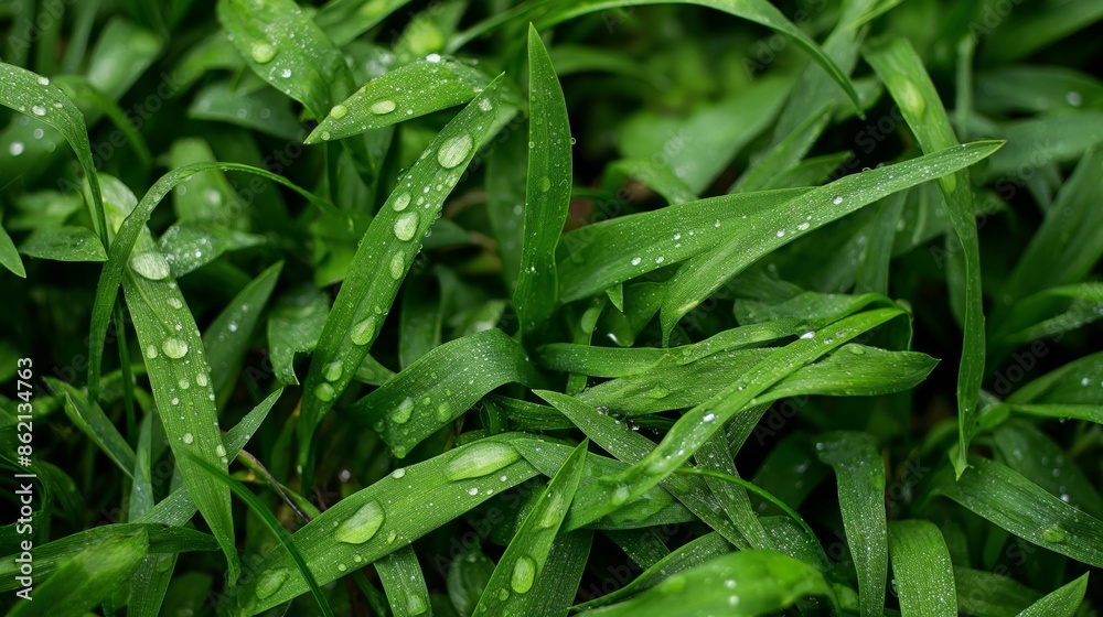 leaves with raindrops, close up of green grass leaves with raindrops, close up of green grass
