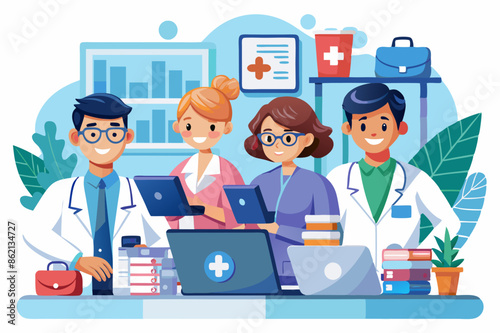 Doctor hospital team medical document health medicine healthcare meeting teamwork laptop computer technology clinic office modern flat design simple vector illustration isolated transparent background