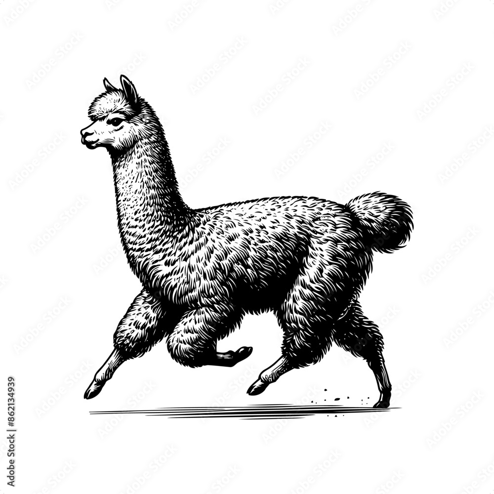 Fototapeta premium alpaca in black and white animal drawing,