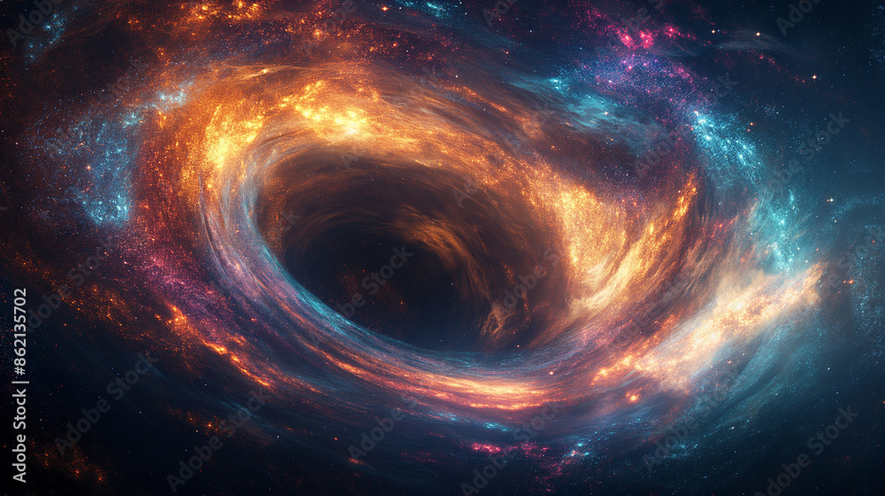 black hole, space, colorful outside of black hole, dark center, white outline of black hole, black hole, space, colorful outside of black hole, dark center, white outline of black hole,