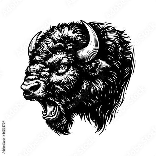 Bison in black and white animal drawing,