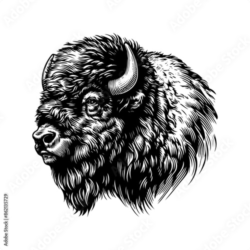 Bison in black and white animal drawing,