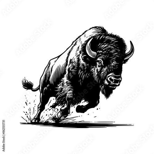 Bison in black and white animal drawing,