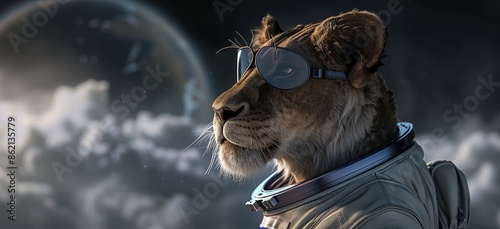 Fierce Lion Blazes Trail in Space in Astronaut Outfit and Shades --no w --chaos 10 --ar 16:9 Job ID: 1b080008-9979-4654-8a55-5861c7a378d6 photo