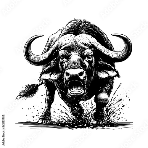 Buffalo in black and white animal drawing,