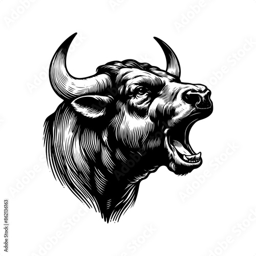 Bull in black and white animal drawing,