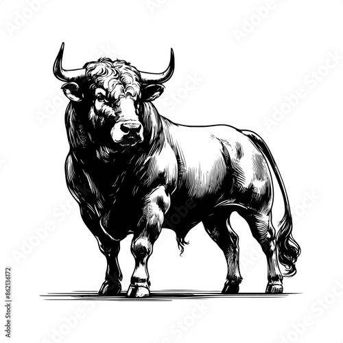 Bull in black and white animal drawing,